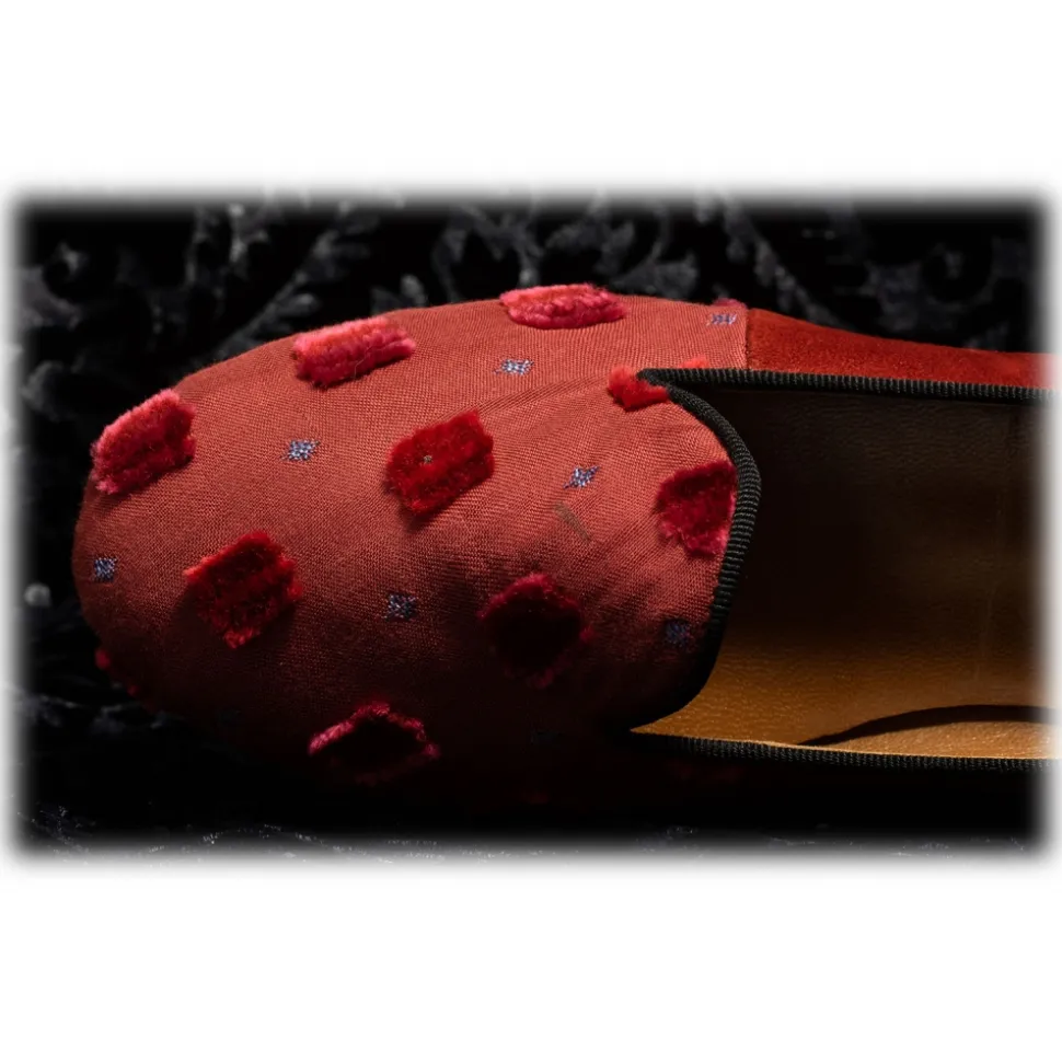 Nicolao Atelier - Silk Slipper Sock - Red with Velvet Check Pattern Woman - Shoe - Made in Italy - Luxury Exclusive Collection - Avvenice