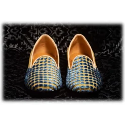 Nicolao Atelier - Silk Velvet Slipper Shoe - Blue Gold Woman - Shoe - Made in Italy - Luxury Exclusive Collection - Avvenice