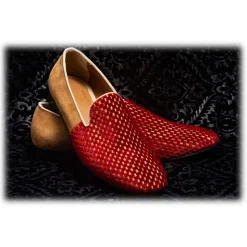 Nicolao Atelier - Velvet Slipper Sock - Red Color with Check Pattern Man - Shoe - Made in Italy - Luxury Exclusive Collection - Avvenice