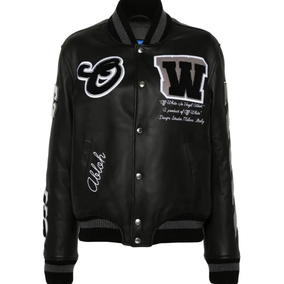 Off-White - Black Varsity Leather Bomber Jacket - Exclusive Luxury Collection - Avvenice