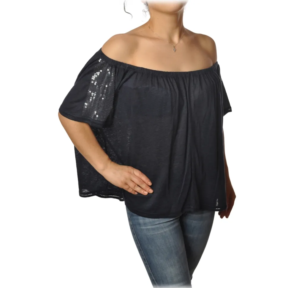 Patrizia Pepe - Blouse Soft Model with Elastic - Blue - T-shirt - Made in Italy - Luxury Exclusive Collection - Avvenice