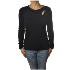 Patrizia Pepe - Crew-Neck Sweater with Opening on the Front - Black - Pullover - Made in Italy - Luxury Exclusive Collection - Avvenice