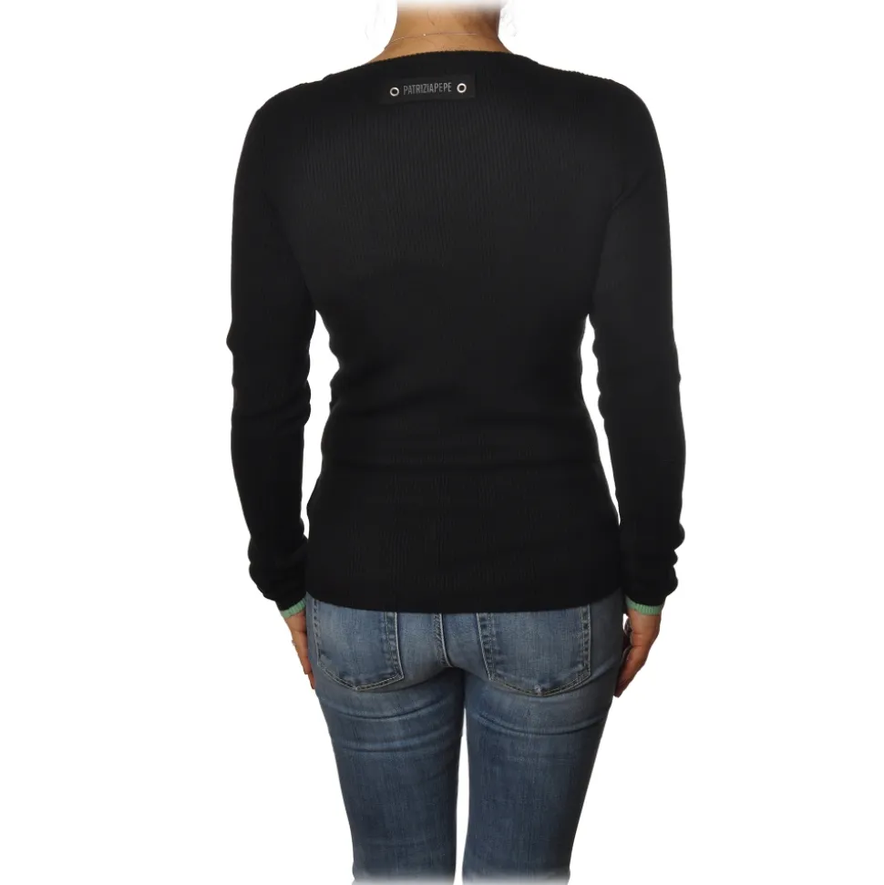 Patrizia Pepe - Crew-Neck Sweater with Opening on the Front - Black - Pullover - Made in Italy - Luxury Exclusive Collection - Avvenice