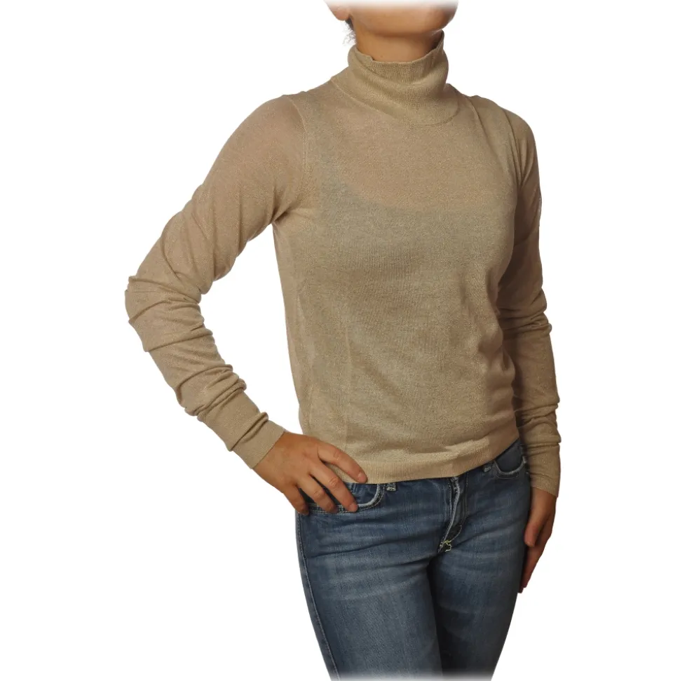 Patrizia Pepe - High Collar Sweater in Laminated Yarn - Beige - Pullover - Made in Italy - Luxury Exclusive Collection - Avvenice