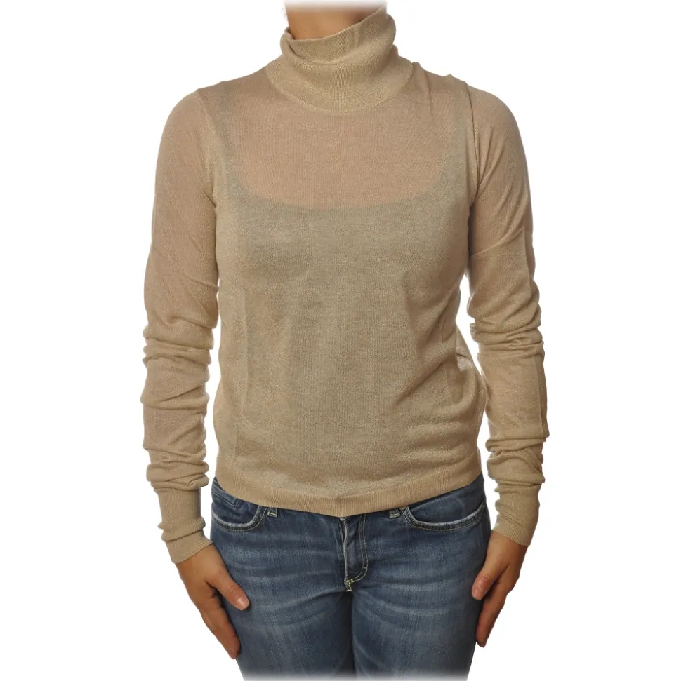 Patrizia Pepe - High Collar Sweater in Laminated Yarn - Beige - Pullover - Made in Italy - Luxury Exclusive Collection - Avvenice