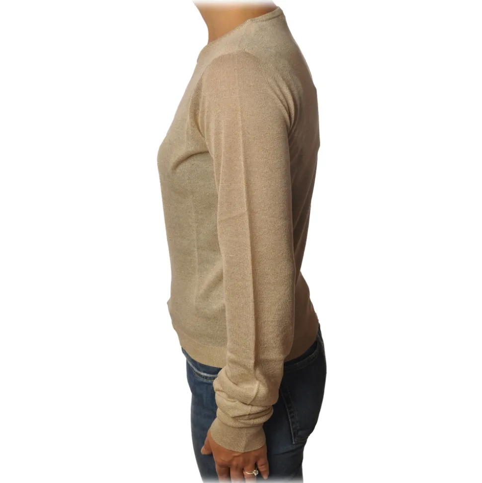 Patrizia Pepe - Sweater Crew-neck in Laminated Yarn - Beige - Pullover - Made in Italy - Luxury Exclusive Collection - Avvenice
