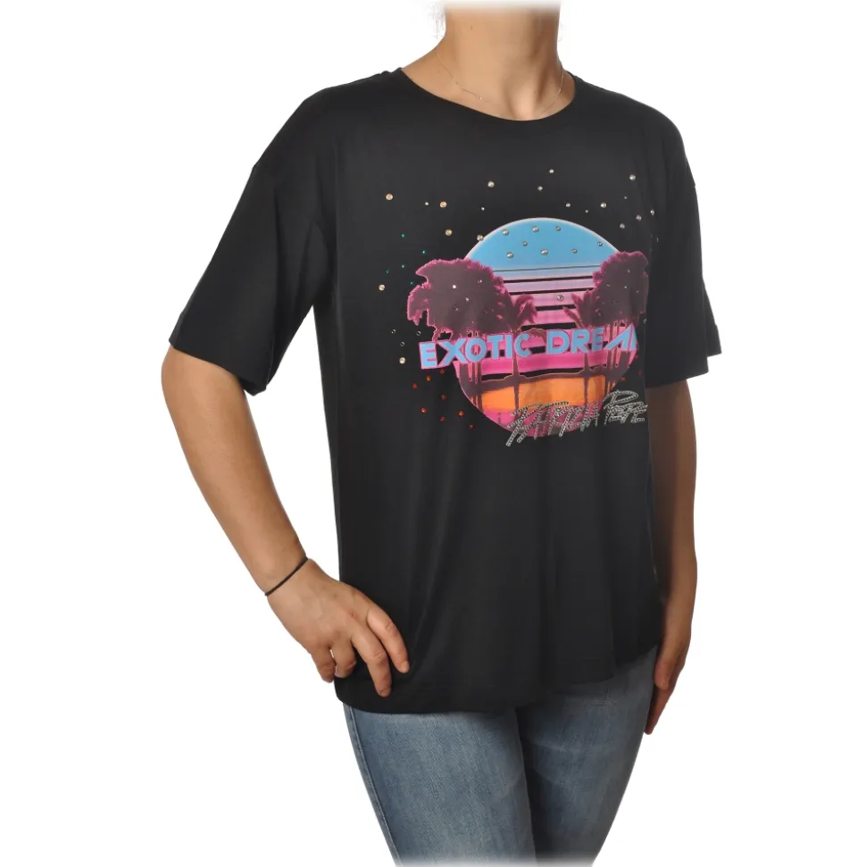 Patrizia Pepe - T-shirt Round-Neck Model with Print and Strass - Black - T-shirt - Made in Italy - Luxury Exclusive Collection - Avvenice