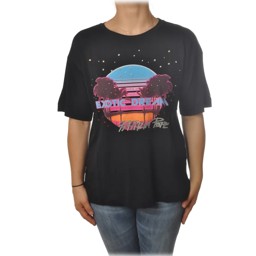 Patrizia Pepe - T-shirt Round-Neck Model with Print and Strass - Black - T-shirt - Made in Italy - Luxury Exclusive Collection - Avvenice