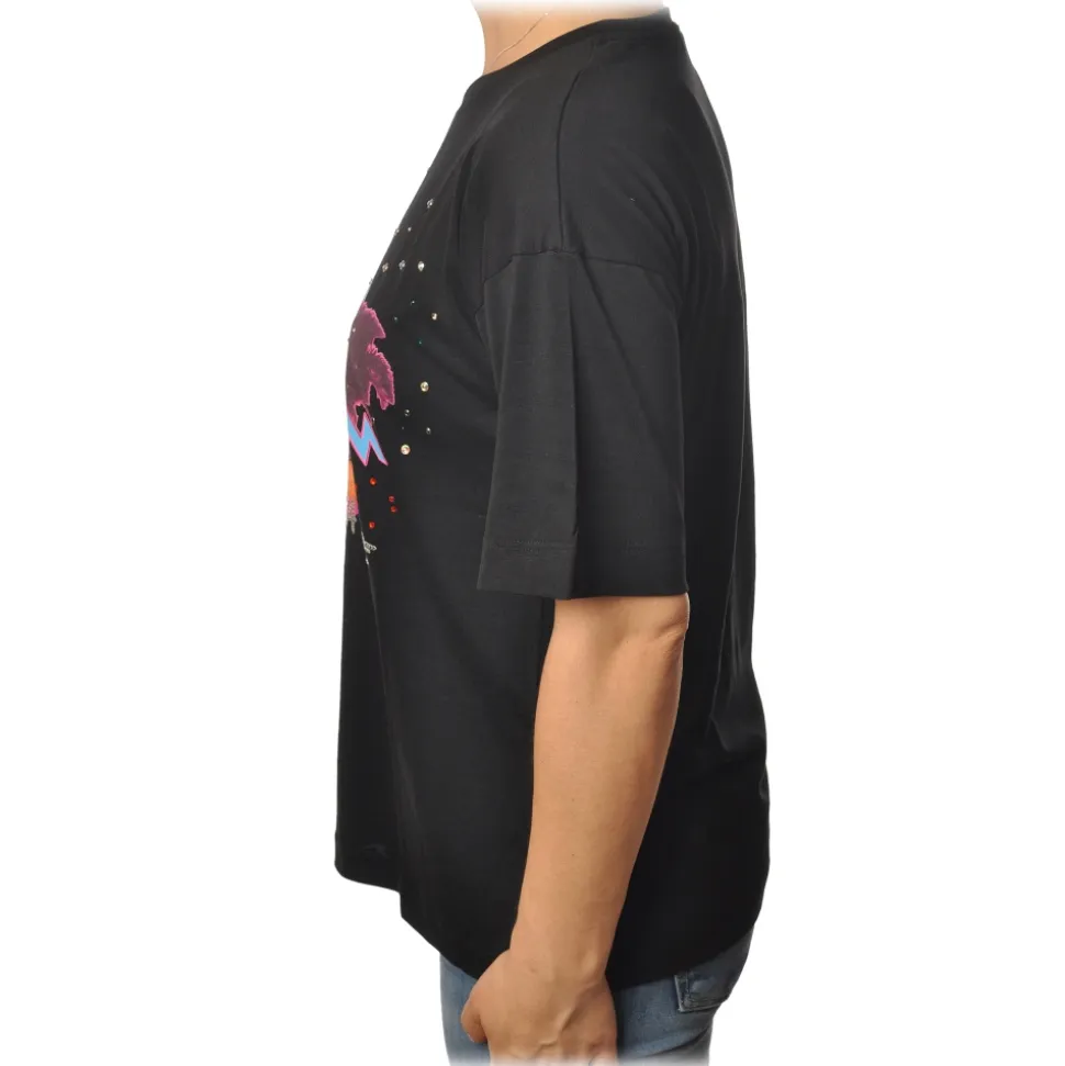 Patrizia Pepe - T-shirt Round-Neck Model with Print and Strass - Black - T-shirt - Made in Italy - Luxury Exclusive Collection - Avvenice
