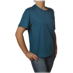 Patrizia Pepe - T-shirt Round-Neck Model Brooch Detail - Petrol Blue - T-shirt - Made in Italy - Luxury Exclusive Collection - Avvenice