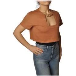 Patrizia Pepe - T-shirt with Gold Chain Detail - Orange - T-shirt - Made in Italy - Luxury Exclusive Collection - Avvenice