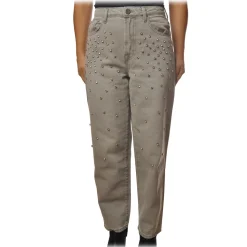Pinko - Boyfriend Jeans Maddie8 in Gray Canvas with Strass - Gray - Trousers - Made in Italy - Luxury Exclusive Collection - Avvenice