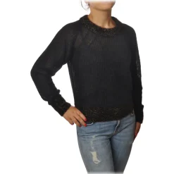 Pinko - Cardigan Quaggiu Crewneck with Lurex Details - Black - Sweater - Made in Italy - Luxury Exclusive Collection - Avvenice