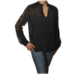 Pinko - Shirt Marronglace with Sleeves in Lace and Pois Pattern - Black - Shirt - Made in Italy - Luxury Exclusive Collection - Avvenice