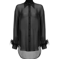 Pinko - Shirt with Feather Trim Cuffs Detail - Black - Shirts - Made in Italy - Luxury Exclusive Collection - Avvenice