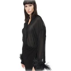 Pinko - Shirt with Feather Trim Cuffs Detail - Black - Shirts - Made in Italy - Luxury Exclusive Collection - Avvenice
