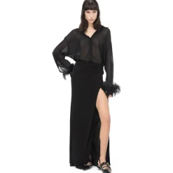 Pinko - Shirt with Feather Trim Cuffs Detail - Black - Shirts - Made in Italy - Luxury Exclusive Collection - Avvenice