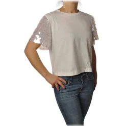 Pinko - T-shirt Cyborg with Sleeves covered with Sequins - White - T-shirt - Made in Italy - Luxury Exclusive Collection - Avvenice