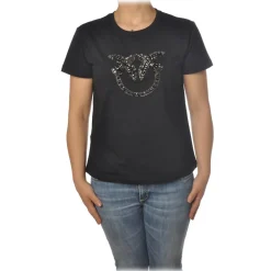Pinko - T-shirt Quentin1 with Swallows Logo in Rhinestones - Black - T-shirt - Made in Italy - Luxury Exclusive Collection - Avvenice
