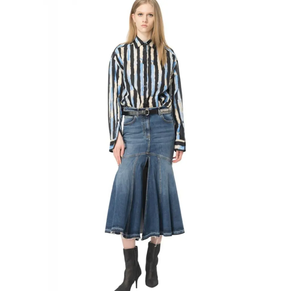 Pinko - Vintage Effect Denim Midi Skirt - Blue - Skirt - Made in Italy - Luxury Exclusive Collection - Avvenice