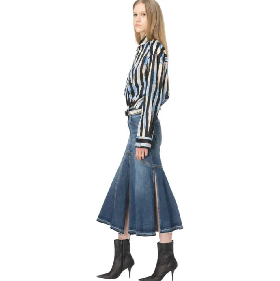 Pinko - Vintage Effect Denim Midi Skirt - Blue - Skirt - Made in Italy - Luxury Exclusive Collection - Avvenice