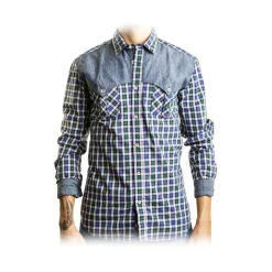 Poggianti 1985 - Checked Shirt with Denim Contrasts - Handmade in Italy - New Luxury Exclusive Collection - Avvenice