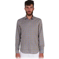 Poggianti 1985 - Light Blue / Brown Patterned Shirt with Soft Collar - Handmade in Italy - New Luxury Exclusive Collection - Avvenice