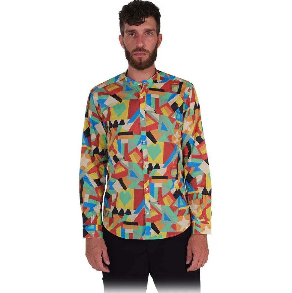 Poggianti 1985 - Multicolor Geometric Fantasy Shirt, Korean Collar - Handmade in Italy - New Luxury Exclusive Collection - Avvenice