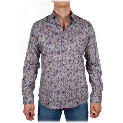 Poggianti 1985 - Patterned Shirt on Blue Stripe Italian Collar - Handmade in Italy - New Luxury Exclusive Collection - Avvenice