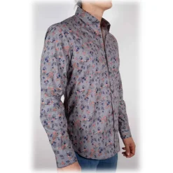 Poggianti 1985 - Patterned Shirt on Blue Stripe Italian Collar - Handmade in Italy - New Luxury Exclusive Collection - Avvenice