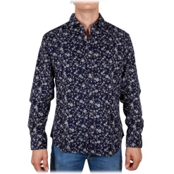 Poggianti 1985 - Patterned Shirt on Blue Stripe Italian Collar - Handmade in Italy - New Luxury Exclusive Collection - Avvenice