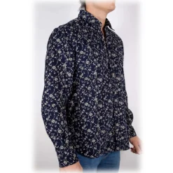 Poggianti 1985 - Patterned Shirt on Blue Stripe Italian Collar - Handmade in Italy - New Luxury Exclusive Collection - Avvenice