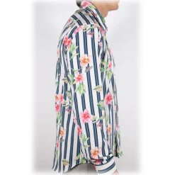 Poggianti 1985 - Striped Shirt with Floral Pattern Soft Collar - Handmade in Italy - New Luxury Exclusive Collection - Avvenice