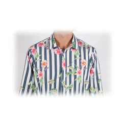 Poggianti 1985 - Striped Shirt with Floral Pattern Soft Collar - Handmade in Italy - New Luxury Exclusive Collection - Avvenice