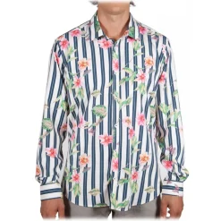 Poggianti 1985 - Striped Shirt with Floral Pattern Soft Collar - Handmade in Italy - New Luxury Exclusive Collection - Avvenice