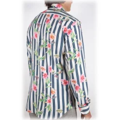 Poggianti 1985 - Striped Shirt with Floral Pattern Soft Collar - Handmade in Italy - New Luxury Exclusive Collection - Avvenice