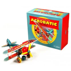 Saint John - Acrobatic Bear Plane Aeroplano Acrobatico Orso - Collectible Retro Wind Up Tin Toy - Metallic Blue Red - Tin Toys - Avvenice
