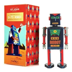 Saint John - D-73 Robot - Collectible Retro Wind Up Tin Toy - Red and Blue - Tin Toys - Avvenice