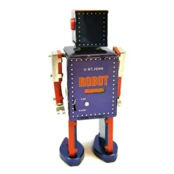 Saint John - D-73 Robot - Collectible Retro Wind Up Tin Toy - Red and Blue - Tin Toys - Avvenice