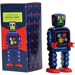 Saint John - Gearing Robot - Collectible Retro Wind Up Tin Toy - Red and Blue - Tin Toys - Avvenice