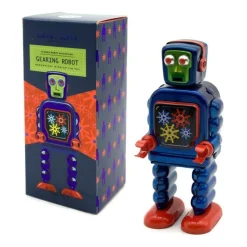 Saint John - Gearing Robot - Collectible Retro Wind Up Tin Toy - Red and Blue - Tin Toys - Avvenice