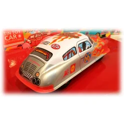 Saint John - Hot Racer Car - Collectible Retro Wind Up Tin Toy - Red Silver White - Tin Toys - Avvenice
