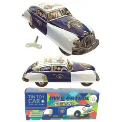 Saint John - Hwy Patrol Highway Car - Collectible Retro Wind Up Tin Toy - White Blue Silver - Tin Toys - Avvenice