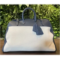 Suèi - Bag of Calf Leather and Canvas Fabric - Blue Navy - Handmade in Italy - Luxury Exclusive Collection - Avvenice