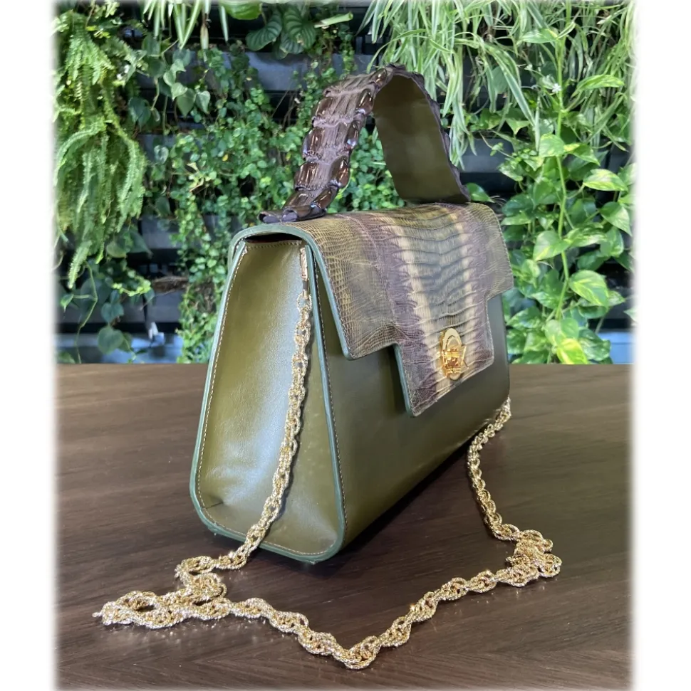 Suèi - Bag of Medium Size of Python, Lizard & Crocodile Leather - Green Water - Handmade in Italy - Luxury Exclusive Collection - Avvenice