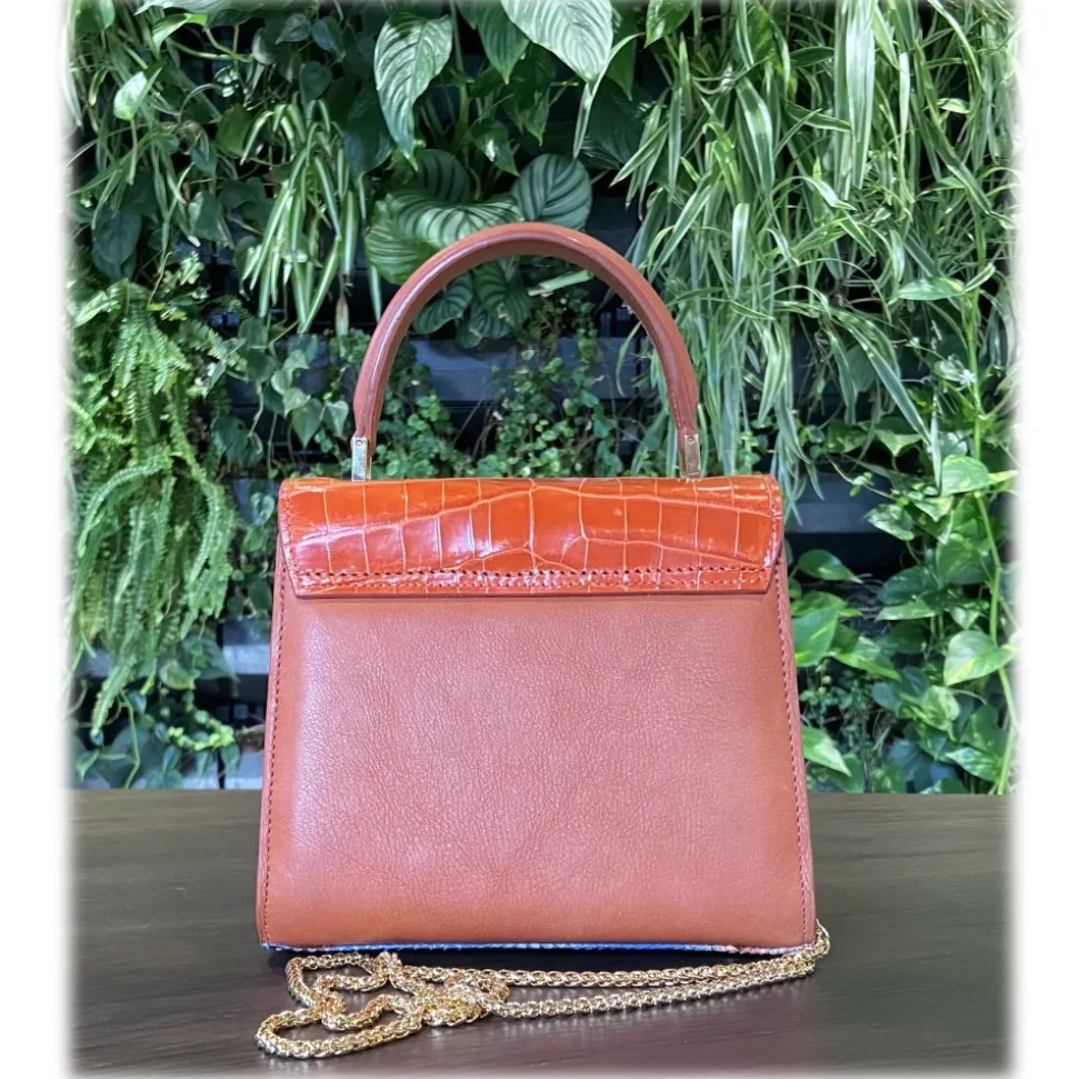 Suèi - Bag of Medium Size of Python, Crocodile & Calf Leather - Orange - Handmade in Italy - Luxury Exclusive Collection - Avvenice