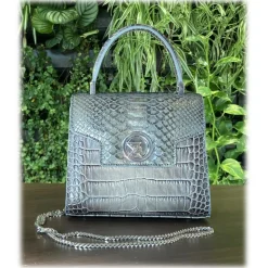Suèi - Bag of Mini Size of Printed Crocodile Leather - Black - Handmade in Italy - Luxury Exclusive Collection - Avvenice