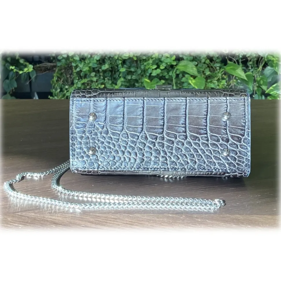 Suèi - Bag of Mini Size of Printed Crocodile Leather - Black - Handmade in Italy - Luxury Exclusive Collection - Avvenice