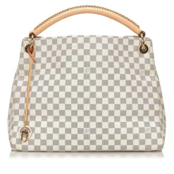 The Artsy MM features a damier azur canvas body, a rolled vachetta handle, an open top, and interior zip and slip pockets. - Avvenice