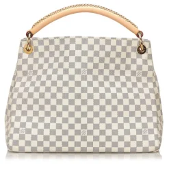 The Artsy MM features a damier azur canvas body, a rolled vachetta handle, an open top, and interior zip and slip pockets. - Avvenice